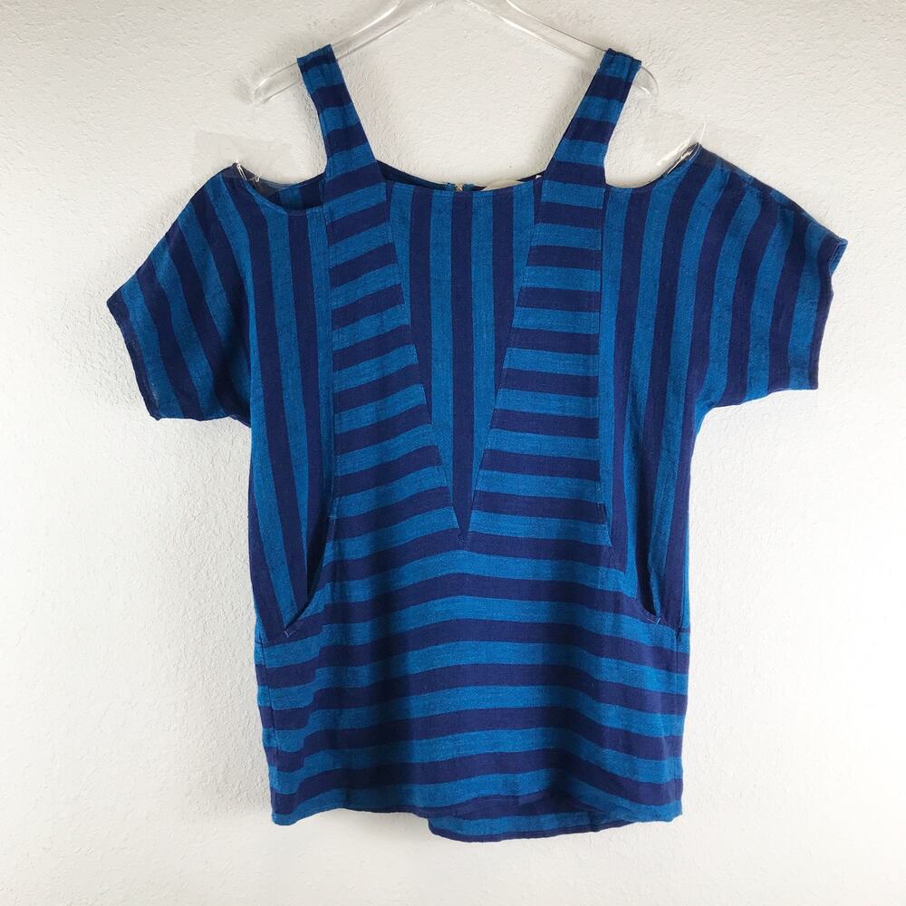 Soft Surroundings Linen Blend Sunset Park Tunic Blue Stripe Cold Shoulder Pocket